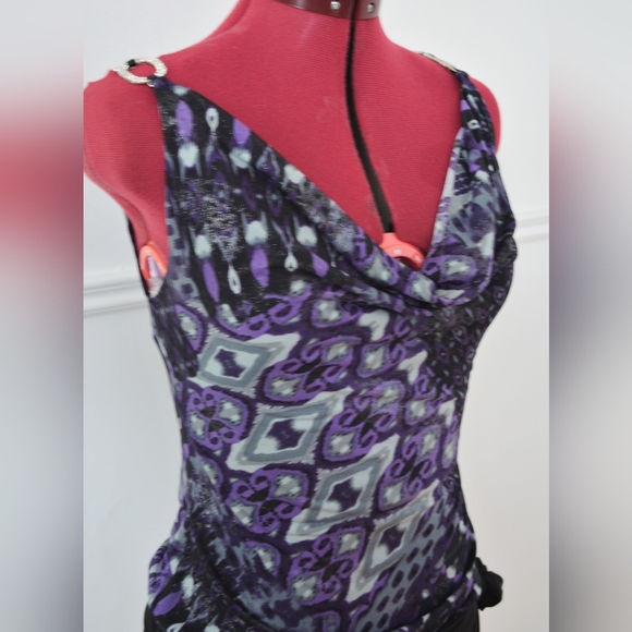 Purple Patterned Cowl Neck Top With Side tie Belt And Rhinestone On Straps - Picture 2 of 4